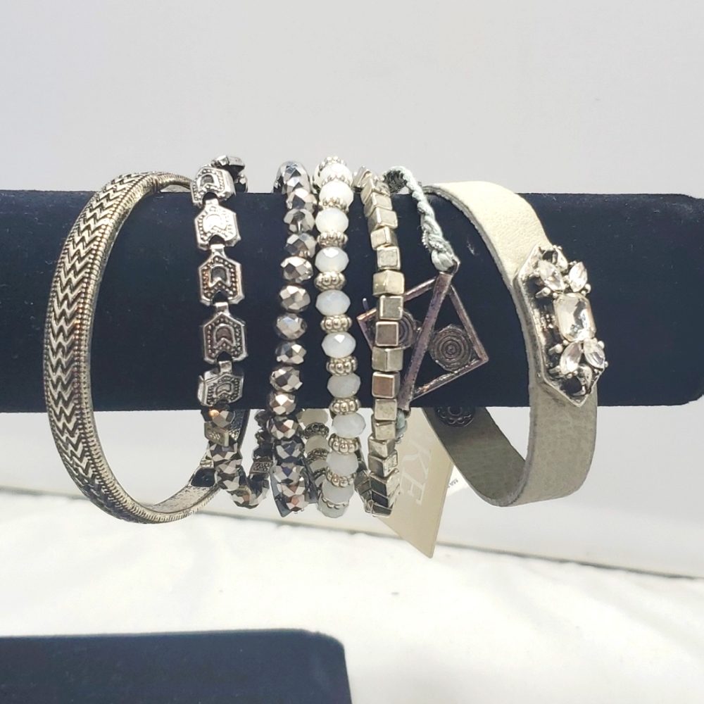 Bke 7 pc bracelet set silver ,faux leather, beads